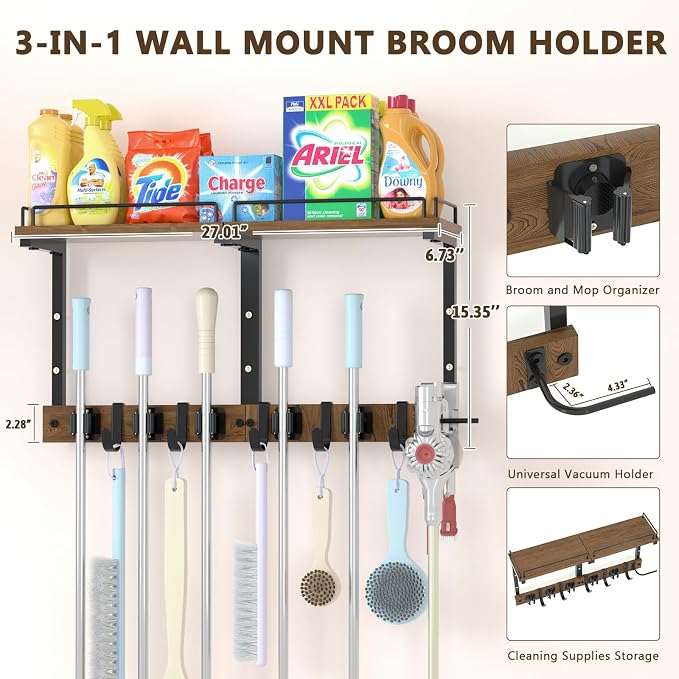 Mop Holder Wall Mount with Cleaning Supplies Organizer, Wood Mop and Broom Hanger Rack Organizer with Anti-Fall Wall Shelf with 5 Clips & Hooks for Garage Laundry Room Kitchen (Brown)