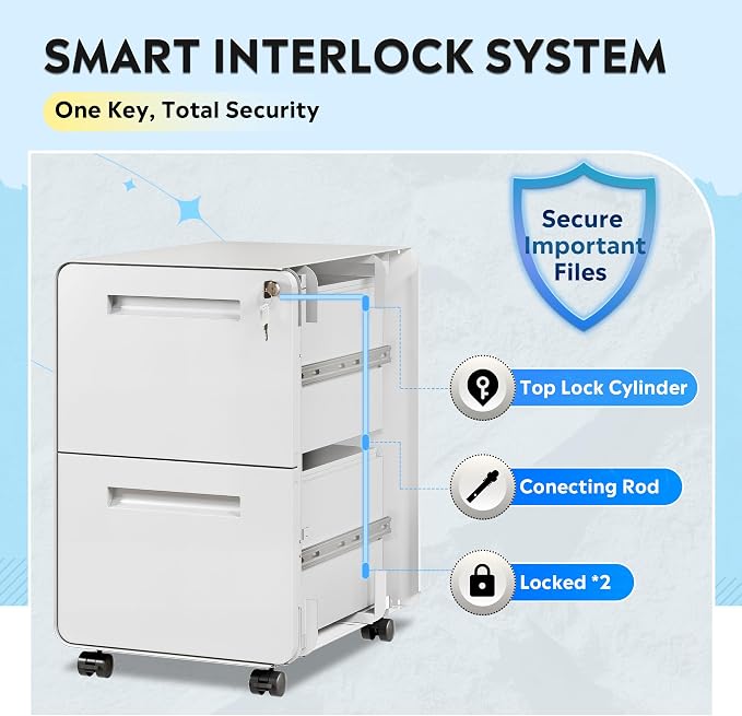 DEVAISE 2-Drawer File Cabinet with Lock, 0.7mm Thick Steel Mobile Filing Cabinet for Home Office, Under Desk Storage Organizer with Rounded Corners, Fully Assembled, 20" D x 15.8" W x 25" H, White