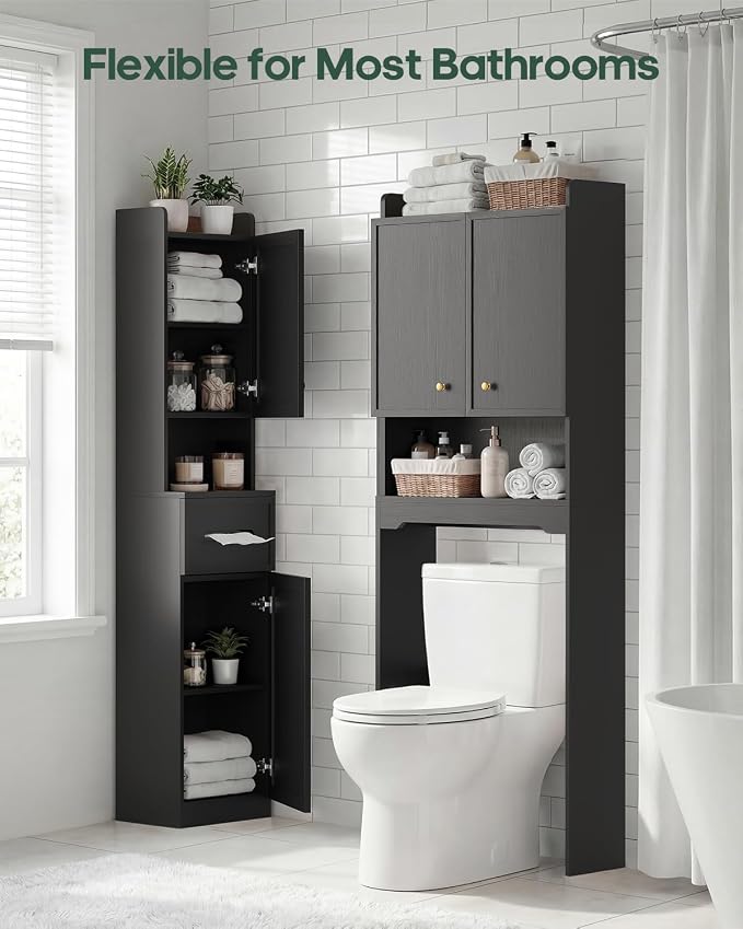 7-Tier Over Toilet Storage Cabinet, 2-in-1, Separable Bathroom Storage | Over-Toilet and Tall Narrow Cabinet, with Doors, Adjustable Shelf, Big/Small Room, Laundry, Tissue Holder, Anti-Tip