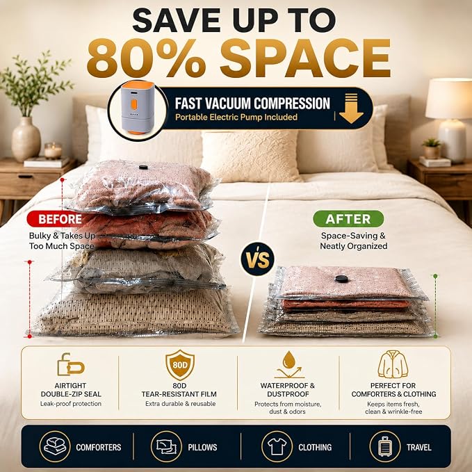 Vacuum Storage Space Saver Bags - 20 Pack Sealed Bags with Pump | Includes a rechargeable 25W pump with 4500Pa+ suction for quick vacuum sealing at home or on trips - airtight & waterproof