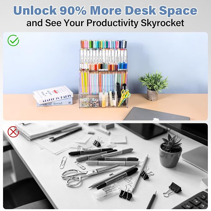 CELSOL Acrylic Pen Holder – 3 Tier 15 Compartments Vertical Storage for Markers, Pens & Art Supplies – Clear Desk Organizer for Home, School & Office – Ideal for Space-Saving & Desk Organization
