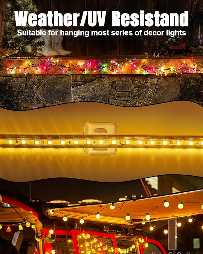 LZC Hooks for Outdoor String Lights Clips: 50 Pack Square Clear Large Heavy Duty Light Hook Waterproof Adhesive Strips - Outside Hanging Rope Light Cable Cord Holders Organizer