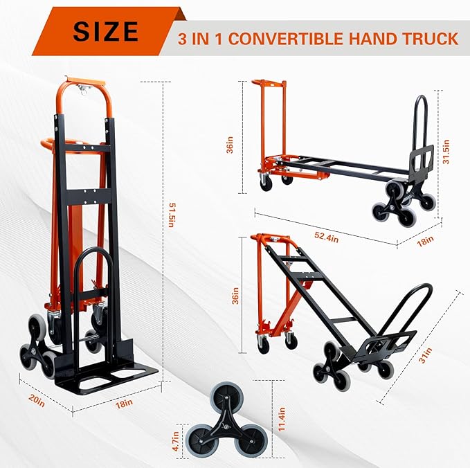 3 in 1 Industrial Convertible Hand Truck,1000 LBS Capacity Stair Dolly,Heavy Duty Hand Truck Dolly Cart with Stair Climbing Wheels and Dual Handles for Transport,Moving (Orange)