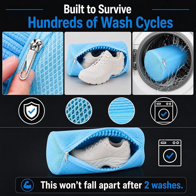 EPSCY Shoe Washing Machine Bags - Reusable Sneaker Laundry Shoe Bag with 360° Deep Clean Mesh - Self Locking Zipper, Noise Reduction Washing Bag Fits All Shoes Sizes and Types - Blue, Pack of 2