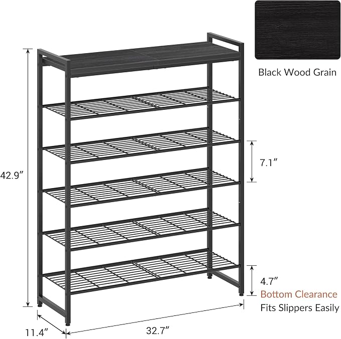 6 Tier Shoe Rack Organizer for 24-30 Pairs, Tall Metal Shoe Storage Shelf with Wood Top, Adjustable Boot Space, Narrow Design for Entryway Closet,Black