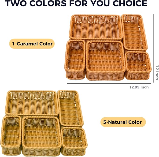 Drawer Organizers- Plastic Rattan Storage Trays for Bedroom, Bathroom, Kitchen, Office, Handwoven organizer, Waterproof and Easy Clean, 1 Set, Caramel Color