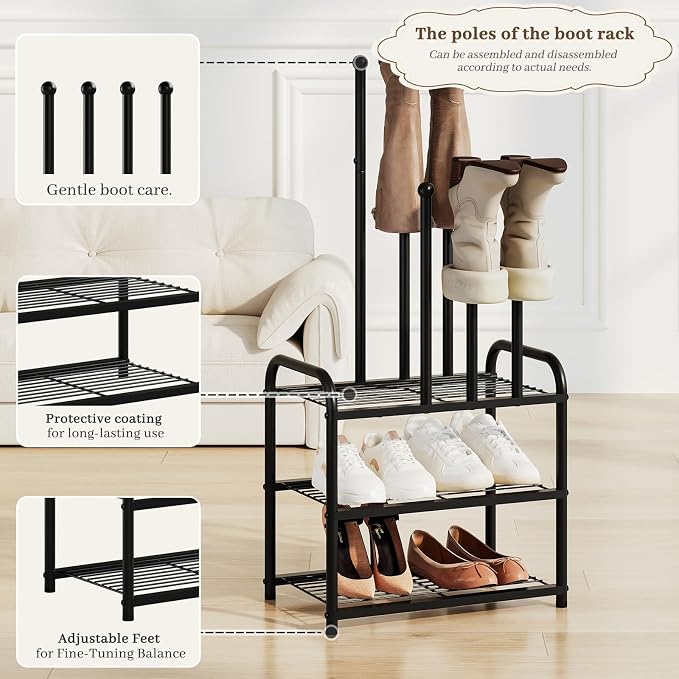 Kitsanery Shoe Rack - 3-Tier Metal Boot Rack Organizer for Entryway, Closet & Garage, Free Standing Shoe Shelf for Storage Tall Boots, Sneakers, Cowboy Boots, Black (Small - 4 Pairs)