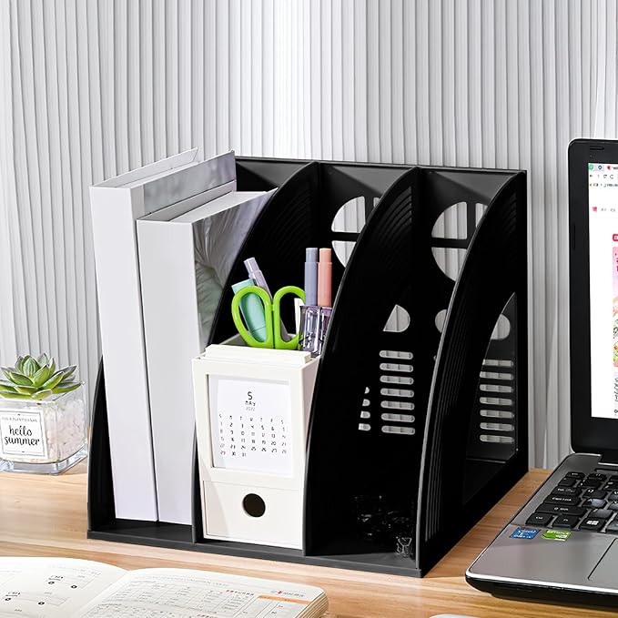 A4 File Holder Magazine File Folder Desk Organizer, 3 Vertical Compartments Bookshelf Document Divider Paper Box Bookends for Office Home Organization and Storage Racks