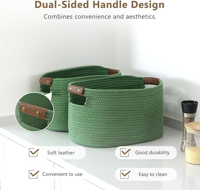 ECDYQXVU 15x10x9" Woven Cotton Rope Storage Basket, Leather Handles 2 Pack | Foldable Design, Sturdy PU Handles, Easy to Clean Organizer for Living Room, Closet, Shelves, Bedroom, Laundry, Clothes