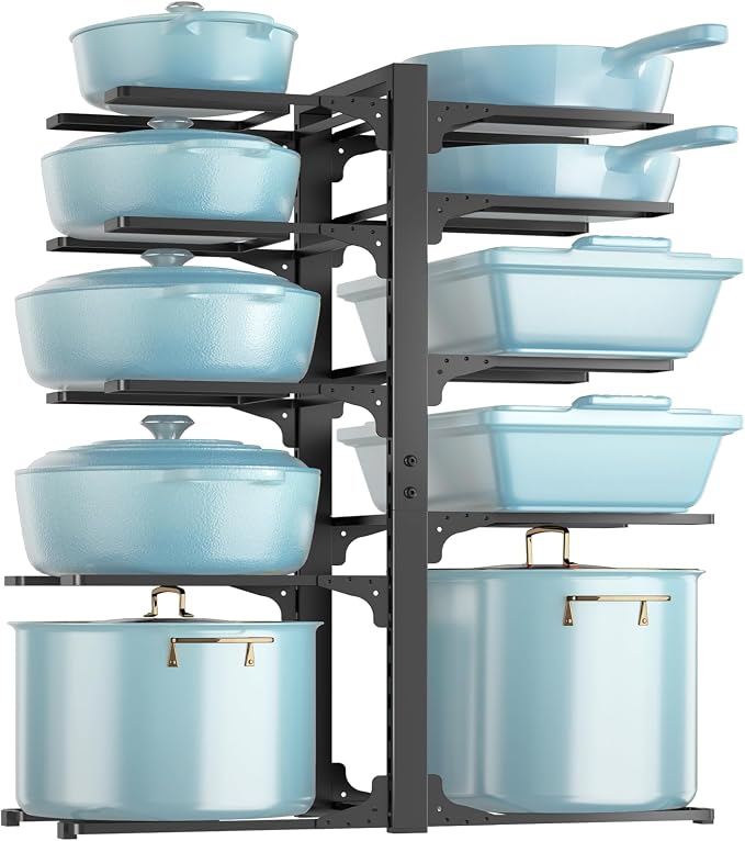 MUDEELA Pots and Pans Organizer Rack under Cabinet 23.62" Height, 10-Tier Adjustable Heavy Duty Pot and Pan Organizer Rack inside Cabinet for Kitchen Organizer Cast-iron Pans, Heavy Cookware