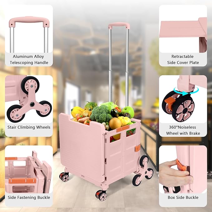 Foldable Utility Cart Collapsible Portable Crate Rolling Carts with Stair Climbing Wheels Tote Basket with Magnetic Lid Telescopic Cover Wear-Resistant 360°Rotate Wheel Noiseless for Shopping Office