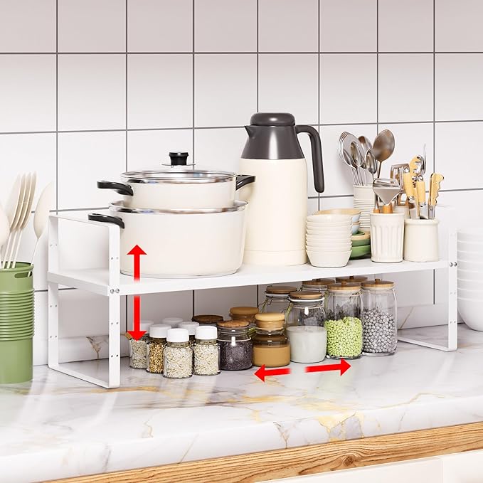 Expandable Cabinet Shelf Organizer Rack, Stackable Kitchen Counter Storage Shelves Stand, Adjustable Height Pantry Shelf Spice Rack(White-1 Pack, 8.7" D x 15.4-26.8" W x 9.8" H)