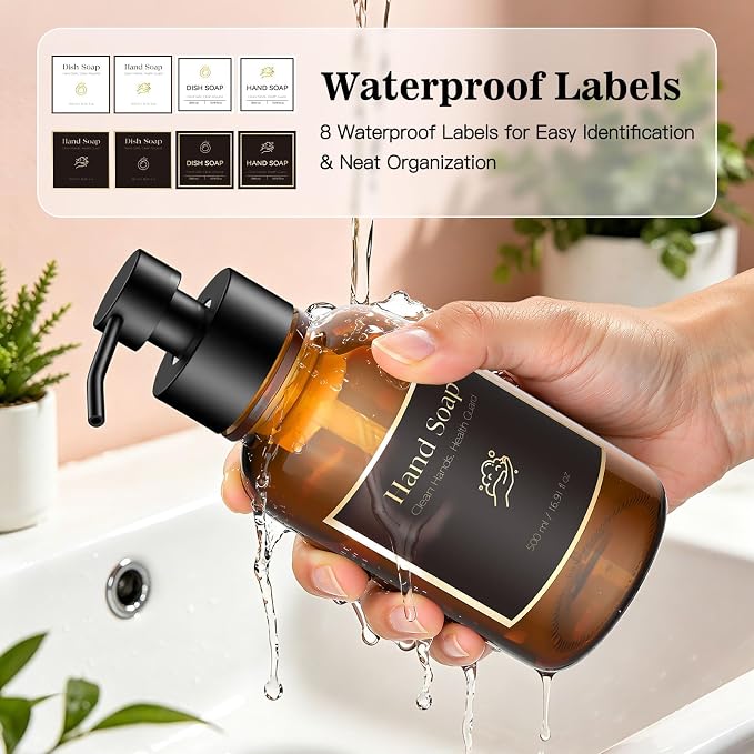 16.9 Oz Glass Foaming Soap Dispenser 2 Pack (Amber) | Refillable Hand & Dish Soap Pump, With Silicone Tray & 8 Waterproof Labels, For Bathroom & Kitchen，Perfect Housewarming Gift