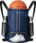 Navy Blue Sports Drawstring Backpack with Shoes Compartment, String Gym Bag with Wet Proof Pocket for Basketball, Soccer, Swim, Sport Bag for Men and Women