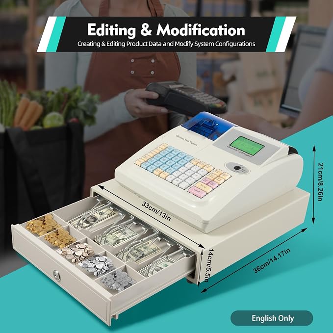 48 Keys Cash Registers, Flat Keyboard with Drawer Box 8-Digital LED, POS Cash Machine Flat Keyboard for Catering Supermarkets Clothing Stores Hamburger Stores