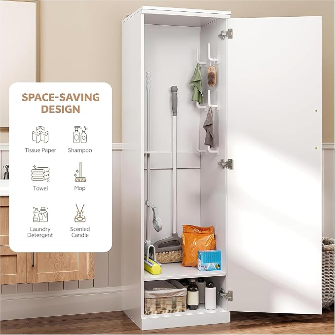 Broom Closet Storage Cabinet, 65" H Slim Utility Closet with Door and Shelf, Tall Vacuum Storage Cabinet with Hooks for Cleaning Tool, Broom Closet Organizer for Bathroom, Garage, White