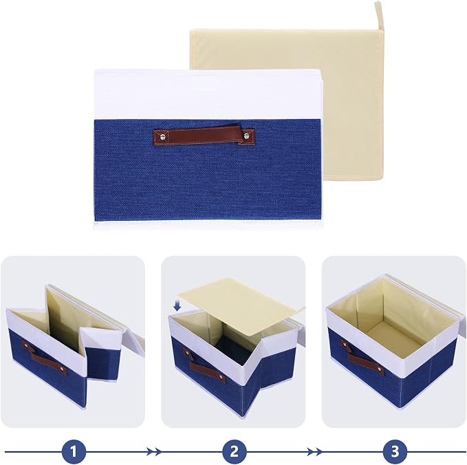 ANMINY 2PCS Storage Boxes with Lids Washable Decorative Storage Bins Basket with PU Leather Handle Foldable Linen Fabric Storage Cubes Containers for Home Closet Organizer - Deep Blue White, Medium