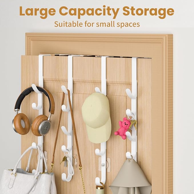 Over The Door Hooks, Metal Door Hooks for Hanging, Over The Door Purse Organizer for Coat Hanger, Back of Shower Door for Hanging Towel Rack Clothes, Hat, Bathroom, Closet (White-4Packs)