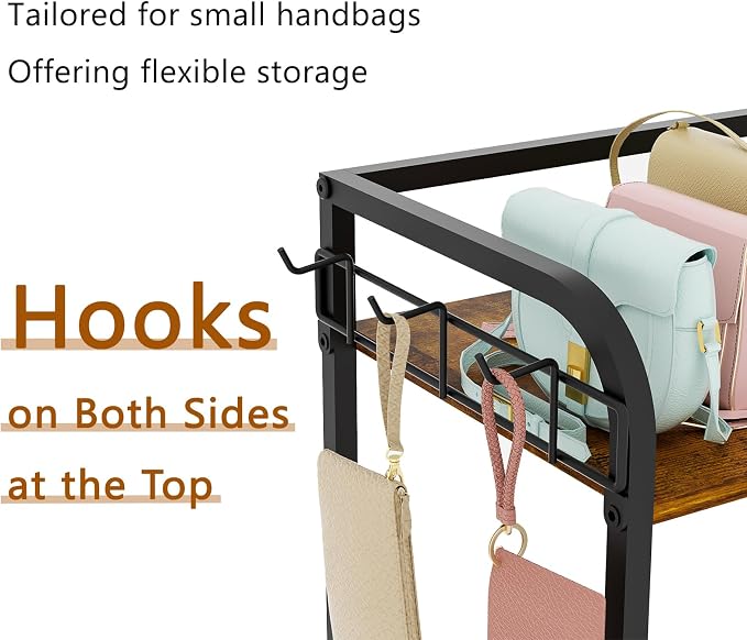 koozuuyk 4-Tier Purse Organizer for Closet with 3 Side Hooks and 2 Baskets, High Capacity Purse Rack Stand for Purse Storage, Metal & Wood Handbag Holder for Handbag Organizer, Patent Pending