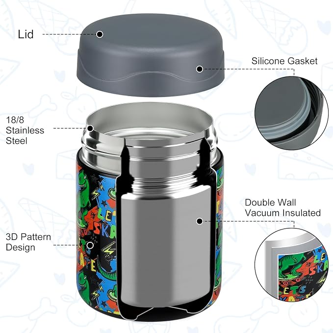 wiwens 12oz Soup Thermo for Hot Food Kids Insulated Food Jar Wide Mouth Lunch Container Leak Proof Stainless Steel Vacuum Bento Box for School Office Travel Outdoors Black-Dinosaur