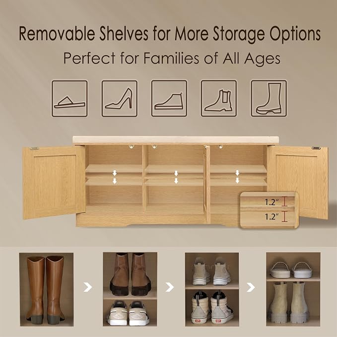 DINZI LVJ Shoe Bench, Entryway Storage Bench with Doors, Cushion, 2-Tier Shoe Rack with 6-Cubby, 39.4”L x 13.8”W Shoe Organizer Cabinet, Adjustable Shelf, Living Room, Bedroom, Natural