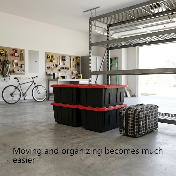 4Pcs 27-gallon Plastic Storage Box, Sturdy and Durable with A Lockable Lid, Suitable for Outdoor, Garage, Basement and Indoor Item Organization, Stackable Storage Box, Black Base and Red Lid
