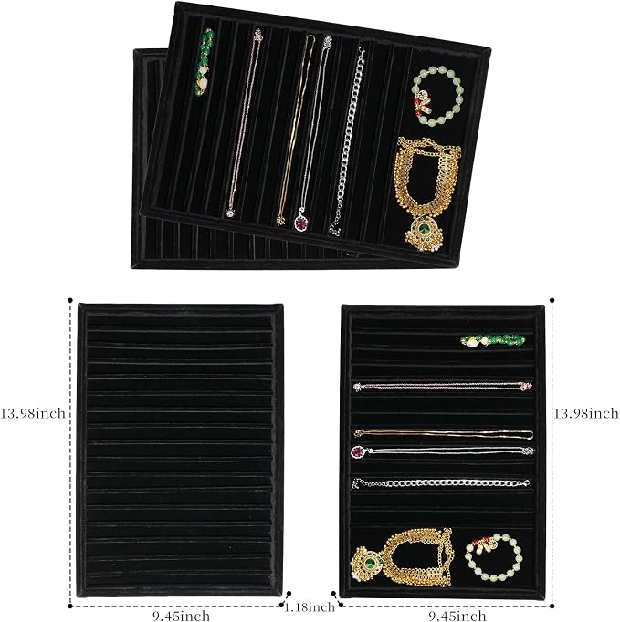 2 Sets Large Jewelry Trays with Drawer Insert Velvet Jewelry Organizer Tray for Women, Jewelry Display Trays with 16 Grids