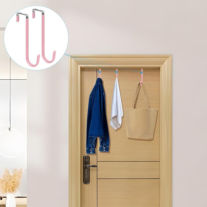 FYY Over the Door Hooks, Single-Hanger 4 Pack, Fits Doors 1.6" Pink | Heavy Duty Metal, Hold 20lbs, Rubber-Coated, No-Drilling, for Bathroom Dorm, Hanging Towels Clothes Hats Bags Coats Wreaths