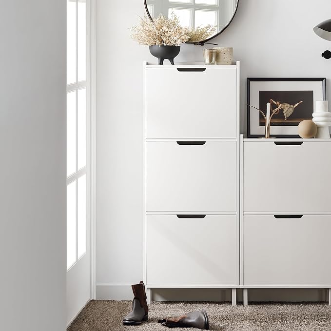 SoBuy Narrow Shoe Cabinet Entryway with 3 Flip-Drawers, Slim Freestanding Shoe Organizer, Space-Saving Hidden Shoe Storage Rack for Hallway or Closet, White FSR151-H-W