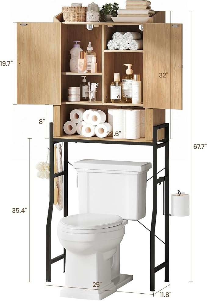 Memobarco Over The Toilet Storage Cabinet with 2-Door & Metal Stand, Wood | Toilet Paper Holder, 3 Extra Hooks, Anti-Tipping Device, With Adjustable Shelves, for Bathroom, Restroom, Laundry