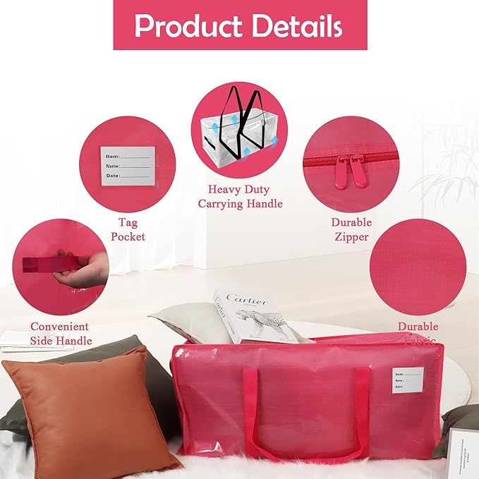 JCBZAMZ 6 Pack Heavy Duty Extra Large Moving Bags with Handles,Waterproof Foldable Storage Totes, Clothing Storage Bags, Packing Moving Boxes for College Supplies, Pink