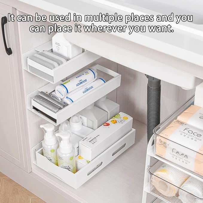 Multifunctional Cupboard White Drawer Pull-out type Storage rack For household use Carbon steel Slide rail Storage shelf Space-saving Kitchen Bathroom Balcony