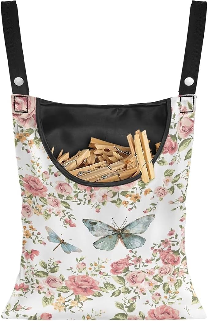 Butterfly Rose Space-Saving Laundry Clothespin Bag, Waterproof Polyester Material, 2 Rope for Hanging and Effortlessly Sliding on The Clothesline Clothespin Holder for Outdoor