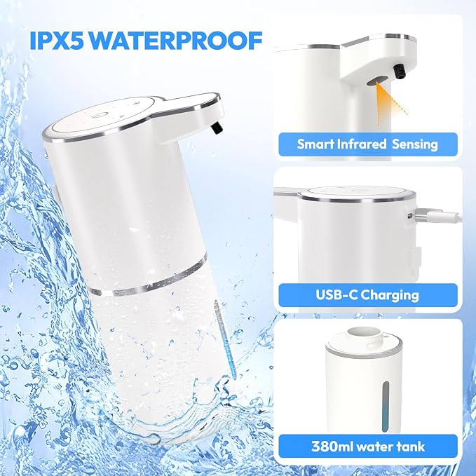 Automatic Foaming Soap Dispenser,Touchless Foam Soap Dispenser,12.8oz Rechargeable Wall Mounted Smart for Bathroom and Kitchen Dish Soap,Easy for Toddlers(White)