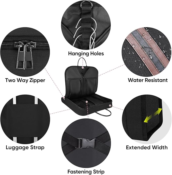 BALEINE Travel Garment Bag, Travel Suit Bag for Men, Water Resistant Carry on Garment Bag for Hanging Clothes, Garment Duffel Bag for Travel Business (Black, 48")
