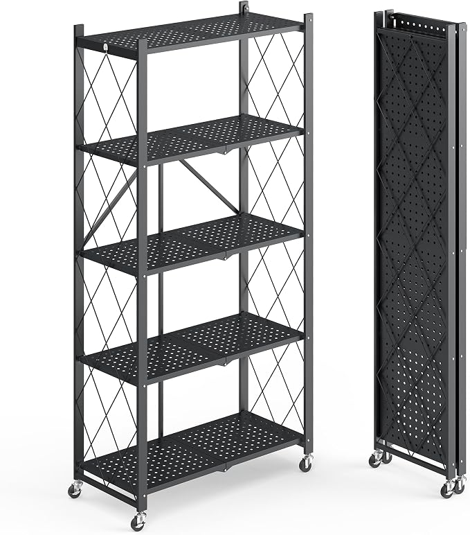 Fenbeli 5 Tier Storage Shelf with Wheels - Metal Collapsible Shelving Unit Display, Heavy Duty Folding Shelves, No Assembly Organizer Rack for Garage Kitchen, Basement, Pantry (Black, 5 Tier)