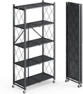 Fenbeli 5 Tier Storage Shelf with Wheels - Metal Collapsible Shelving Unit Display, Heavy Duty Folding Shelves, No Assembly Organizer Rack for Garage Kitchen, Basement, Pantry (Black, 5 Tier)