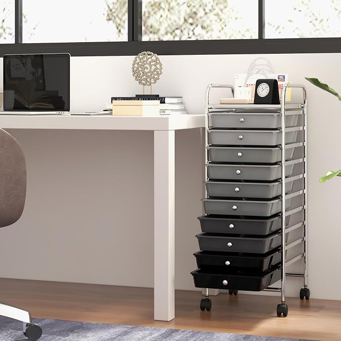 DREAMADE Rolling Cart with Storage Drawers, Utility Cart with Removable Plastic Drawers, Lockable Wheels, Art Cart for Classroom Organization Art Supplies Office Scrapbook (10 Drawers, Mixed-black)