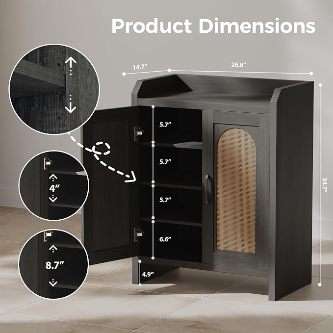 Mericonia Shoe Cabinet Storage for Entryway, Natural Rattan Shoes Cupboard, Wooden Shoe Rack with Doors and Shelves, Farmhouse Boho Wood Shoe Organizer Cabinet for Hallway Black
