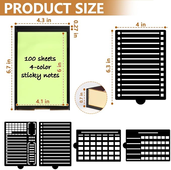 4" x 6" Sticky Notes Stencil and Holder Set with 5 Planner Stencils 100 Sheet Self-Stick Sticky Notes Black Acrylic Post It Note Stencil Holder Memo Organizer for Classroom Office Desk Organizer