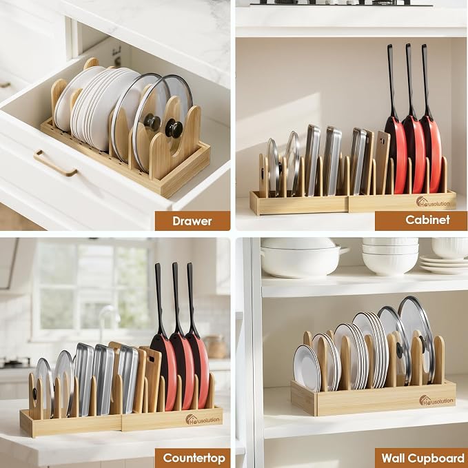 Housolution Bamboo Pot and Pan Organizer for Cabinet, 15"-29" Expandable Pot Lid Organizer with 10 Adjustable Dividers, Wooden Pan Holder Storage Rack, Fully Expanded Size 29.5" W x 8" D x 7.5" H