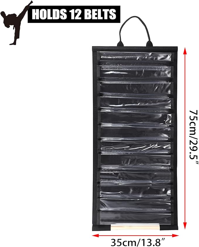 JUXYES Wall Hanging Martial Arts Belts Organizer for 12 Belts, Portable Karate Belt Display Holder with Medals Hanging Stick, Lightweight Taekwondo Belt Organizer for Martial Arts Learners