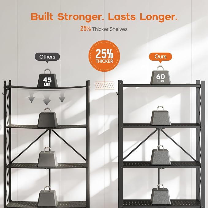Fenbeli Foldable Shelves with Wheels - 5 Tier Folding Shelf, Collapsible No Assembly Metal Shelving Unit, Origami Storage Shelves & Rolling Storage Rack with 8 Hooks for Kitchen Pantry Garage