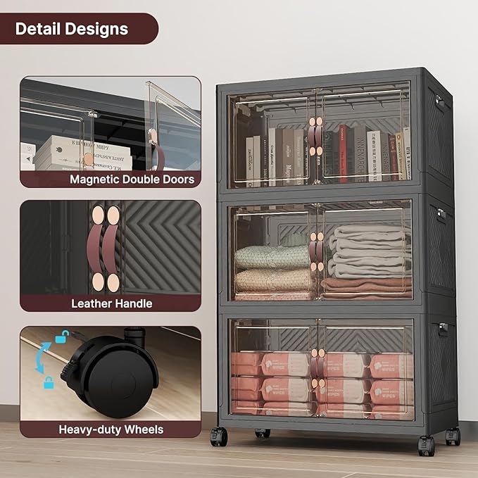 Stackable Storage Bins with Lids, Collapsible Storage Boxes, Foldable Plastic Storage Drawers for Bedroom,Office, Dorm (3, Black, M)