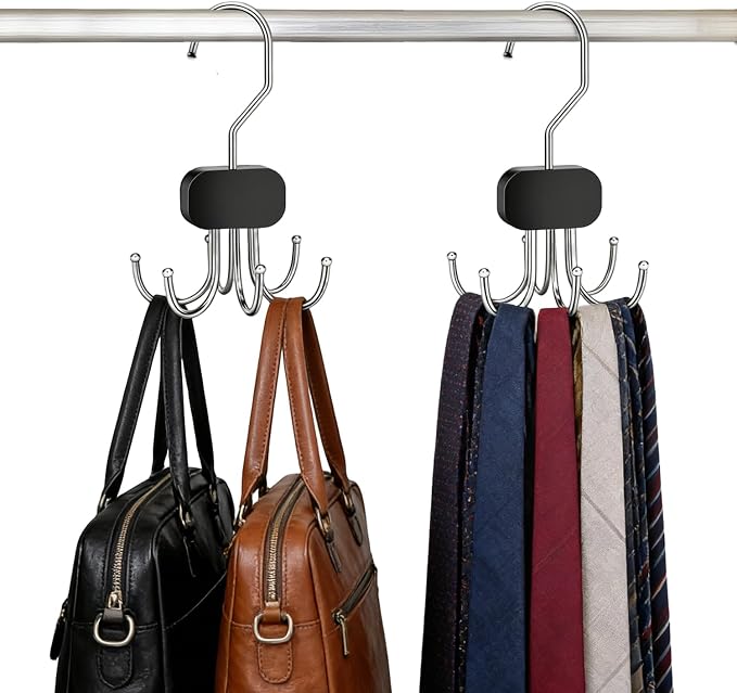 Belt Organizer for Closet, 6-Hook Tie Rack, Scarf & Hat Hanger, Heavy Duty Multifunctional Hanging Organizer for Purses, Bras, Tank Tops, Belts and Accessories (2)