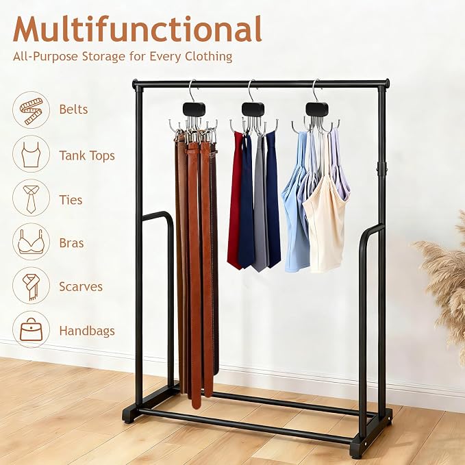 Belt Hanger for Closet, 3 Pack Belt Organizer for Closet Space Saving & Storage, 360° Rotatable & Foldable Hooks, Large Capacity Holder Rack for Tie, Tank Top, Bra, Purse, Hat (Black)