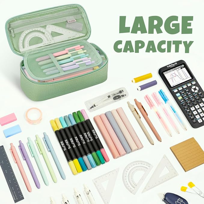 SUNEE Cute Pencil Case, Large Capacity Pencil Pouch, Big Storage Organizer for Stationery, Zipper Pen Bag, Back to School Supplies, Office Organizer Makeup Bag, for Teen Girl Boy Men Women, Green