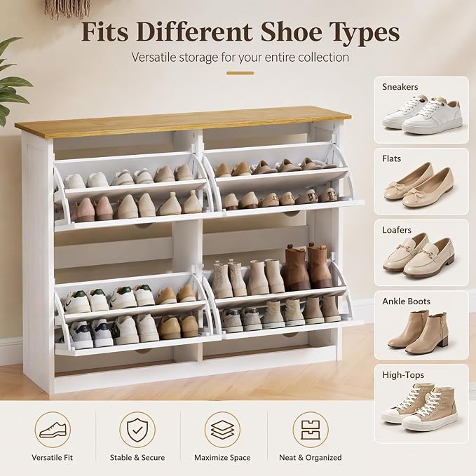 Shoe Storage Cabinet for Entryway, 16-24 Pairs Farmhouse Slim Shoe Cabinet with 4 Flip Drawers, Adjustable Shelves & Anti-Tipping Freestanding White Shoe Organizer for Small Space Hallway Apartment