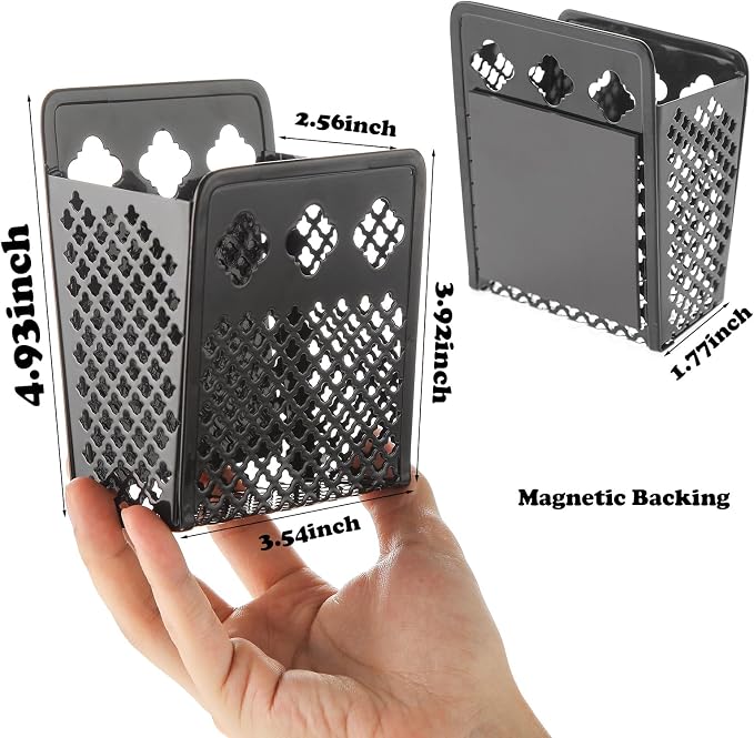 2 Pack Magnetic Pen Holder, Strong Magnet Dry Erase Marker Holder | Metal Mesh Pencil Organizer Hanging Pencil Holder for Refrigerator, Whiteboard, Locker Accessories, with Hook, Black