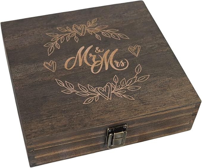 Mr and Mrs Wedding Memory Box- Wooden Keepsake Box with Lid for Couples, Rustic Storage Box for Cards, Photos & Mementos, Wedding Anniversary & Engagement Gift- 8.5 x 8 x 2.4 Inches